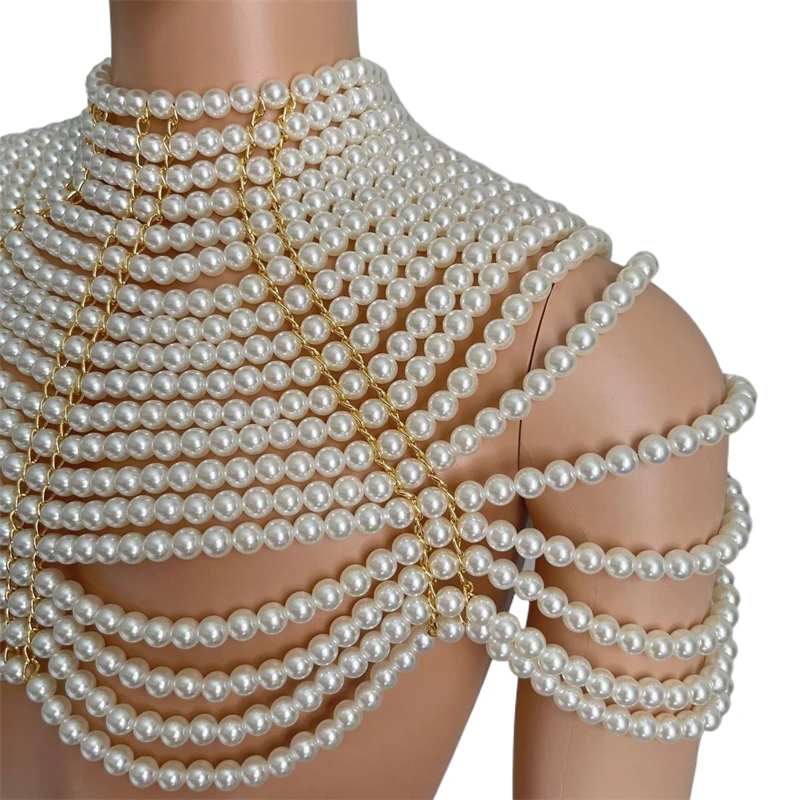 Weiße Perlenkette Mehrschichtige Körperkette Vintage Exotischer Perlen-Schal-Top Hochgeschlossenes Hochzeitsparty Y2K Crop Top Übergroßes T-Shirt – Detail 4