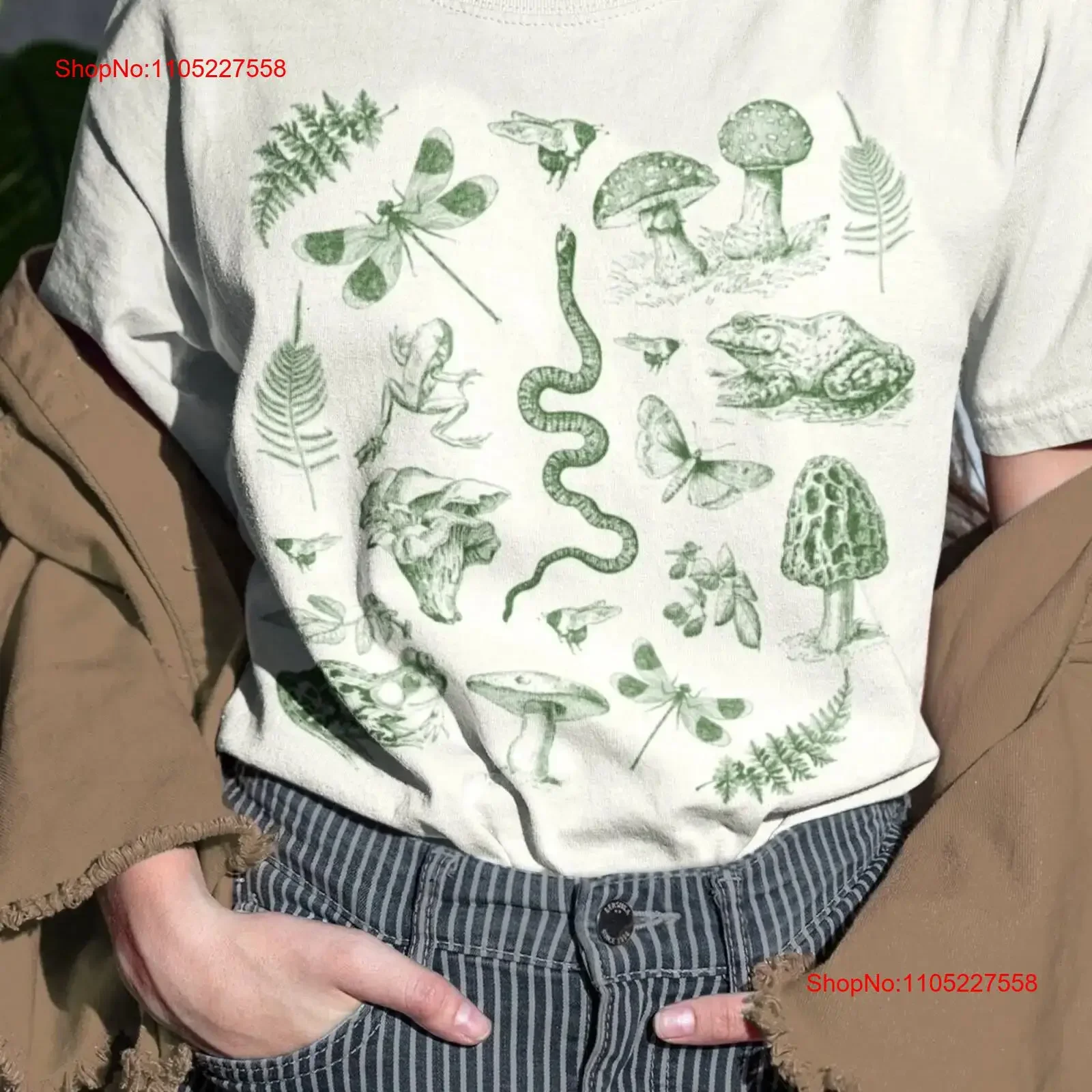 Mushrooms Frogs Insects Illustration T Shirt Dark Academia Aesthetic Vintage Mushroom Frog and Fungi Goblincore Goth Clothing