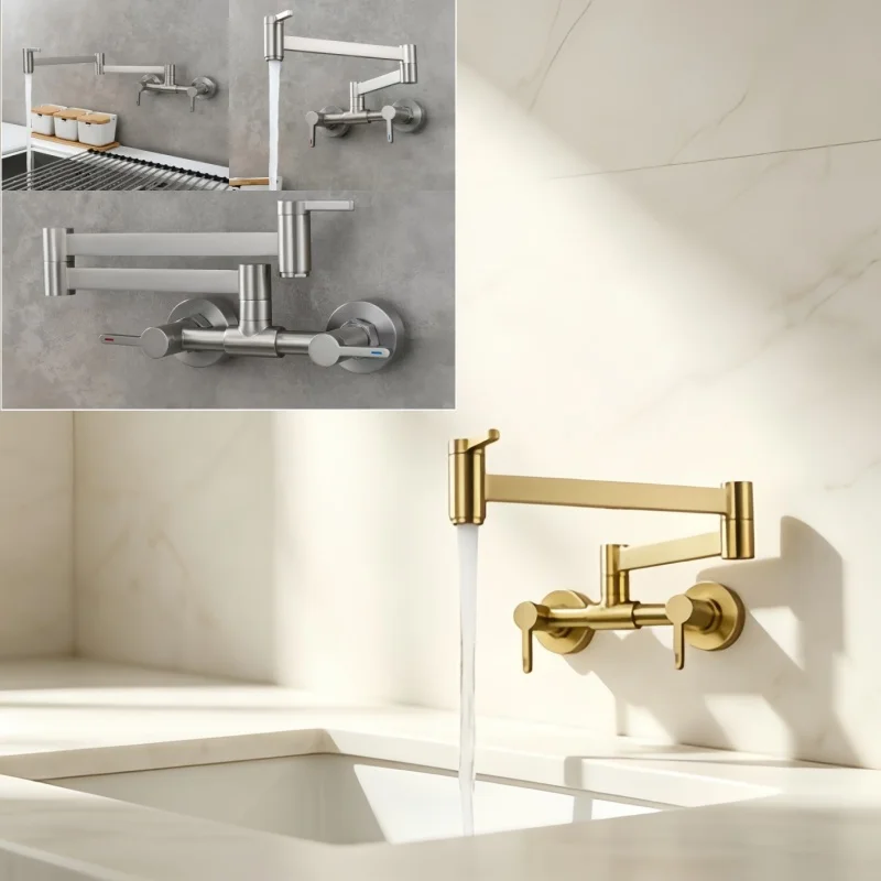 Pot Filler Tap Wall Mounted Foldable Kitchen Faucet Hot and Cold Single Hole Sink Tap Rotate Folding Spout Brushed Gold Brass