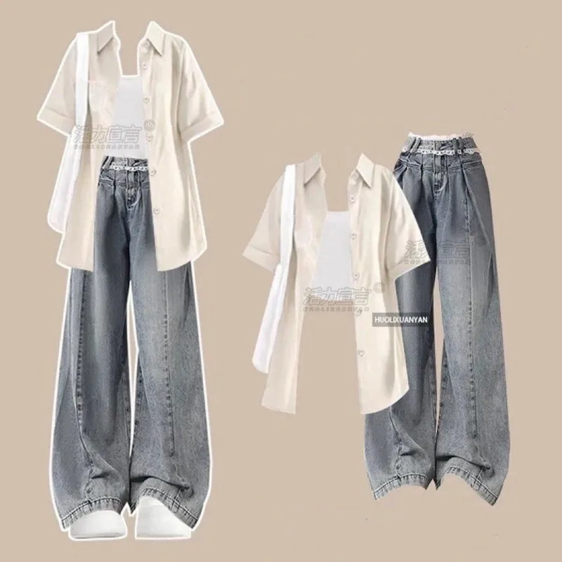 

Girl's 2025 Summer New Vintage Casual Short-sleeved Shirt Top+Sling+Jeans 3-piece Suit Korean Elegant Denim Pants Matching Set