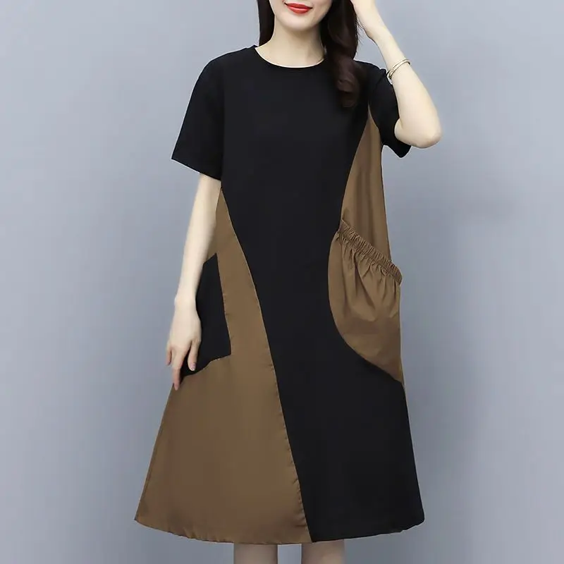 Summer New Round Neck Fashion Short Sleeve Midi Dress Women High Street Contrast Color Dresses Pleated Patchwork Pocket Vestidos