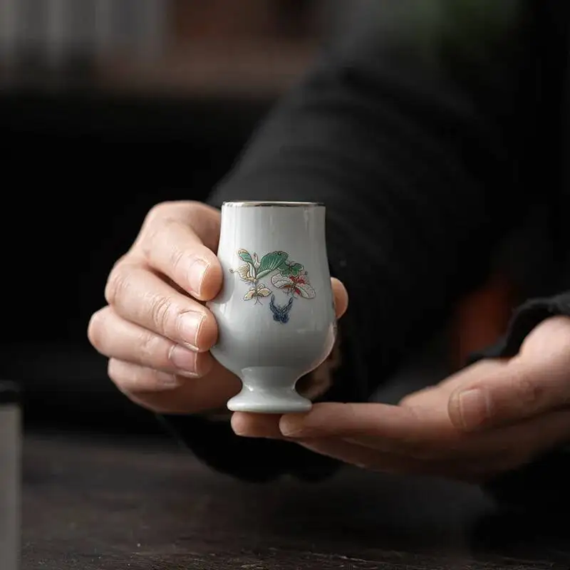 كوب شاي رشيق بأقدام عالية، كوب منزلي مصنوع يدويًا من السيراميك مع تتبع الذهب الأبيض، كوب شخصي صغير، كوب عطري، كونغ