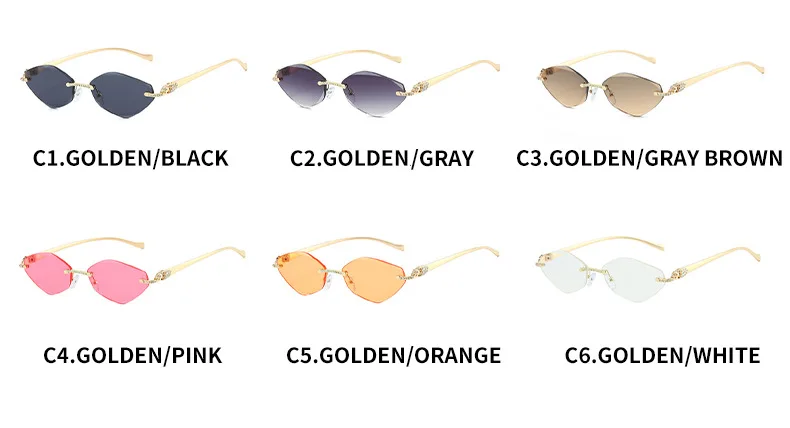 Neue Ins-Famous randlose Cat-Eye-Sonnenbrille – dünner Goldmetallrahmen mit Strasssteinen, UV-Schutz, trendige Farbtöne – Detail 6