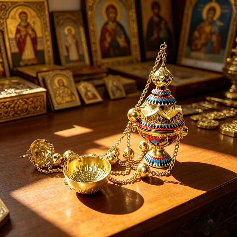 Neuer vergoldeter Emaille-orthodoxer Weihrauchbrenner mit Kette und Glocken für Kirchenliturgie, Segnung und religiöse Zeremonien – Detail 3