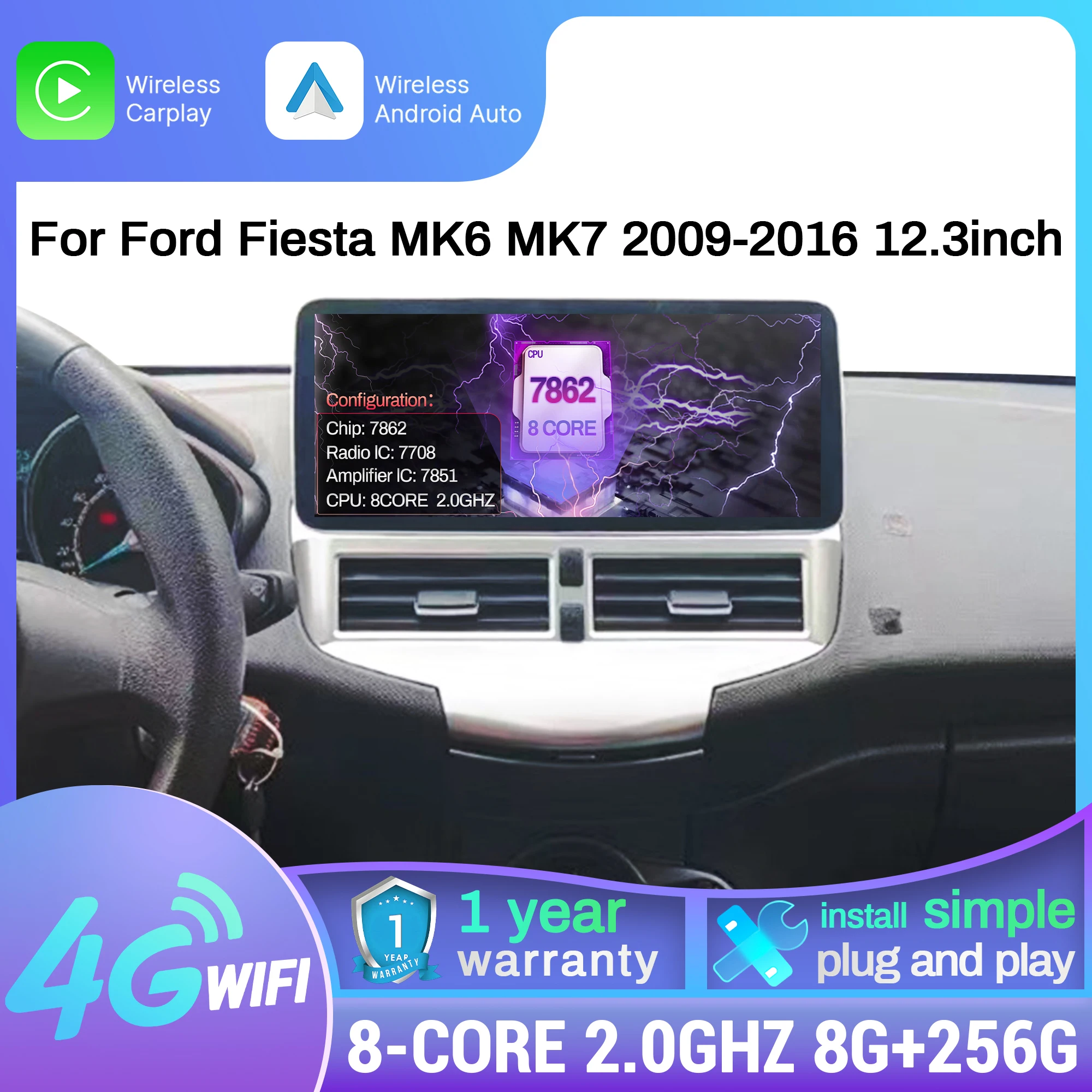 

12.3 inch Android 14 For Ford Fiesta MK6 MK7 2009 2010 2011-2016 Car Multimedia Navigation 4G Bluetooth Radio Head Unit Screen