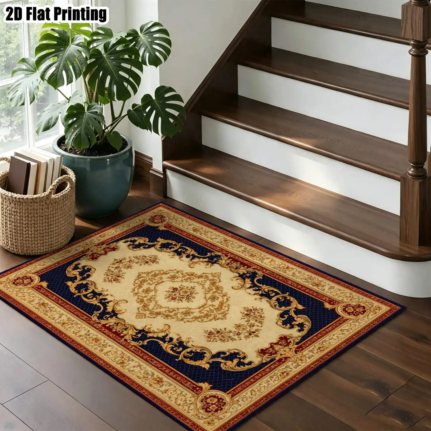 1Pc 2D Printed Carpet: Beige & Dark Blue Retro Patterns European Style, Retro, Geometric, Bohemian Rugs. Home Decor, Multi-Size, Machine Washable. For Entrance, Dining Room, Foyer, Bedroom, Living Room.