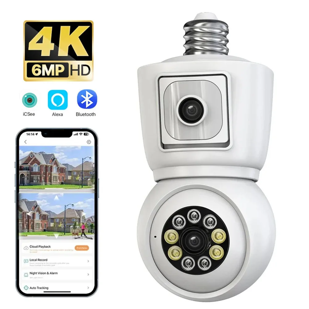 ICSEE bohlam kamera WiFi 4K 6MP E27, kamera Dual lensa layar ganda pelacakan otomatis Audio dua arah Warna penglihatan malam kamera permukaan luar ruangan