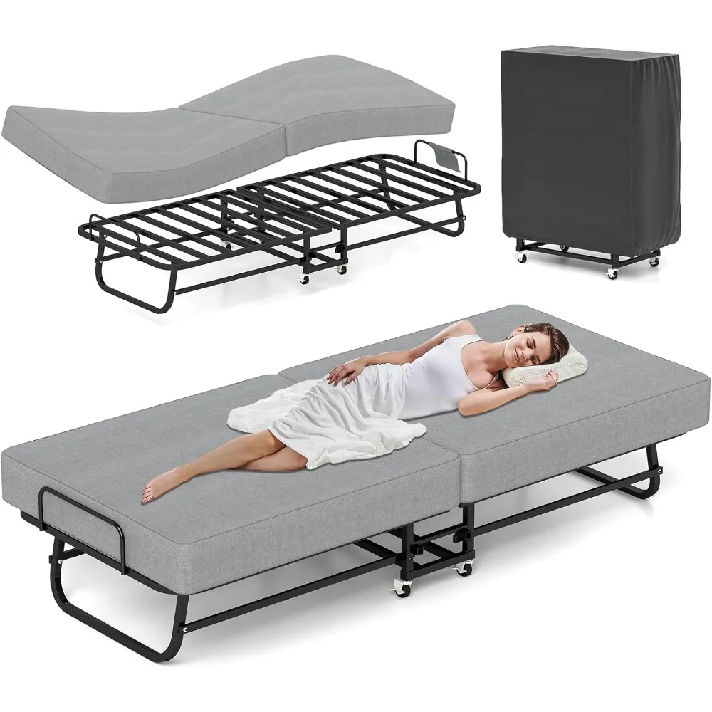 

Bed with Mattress, Portable Foldable Bed for Adults, Roll Away Guest on Wheels, Memory Foam Mattress and Metal Frame