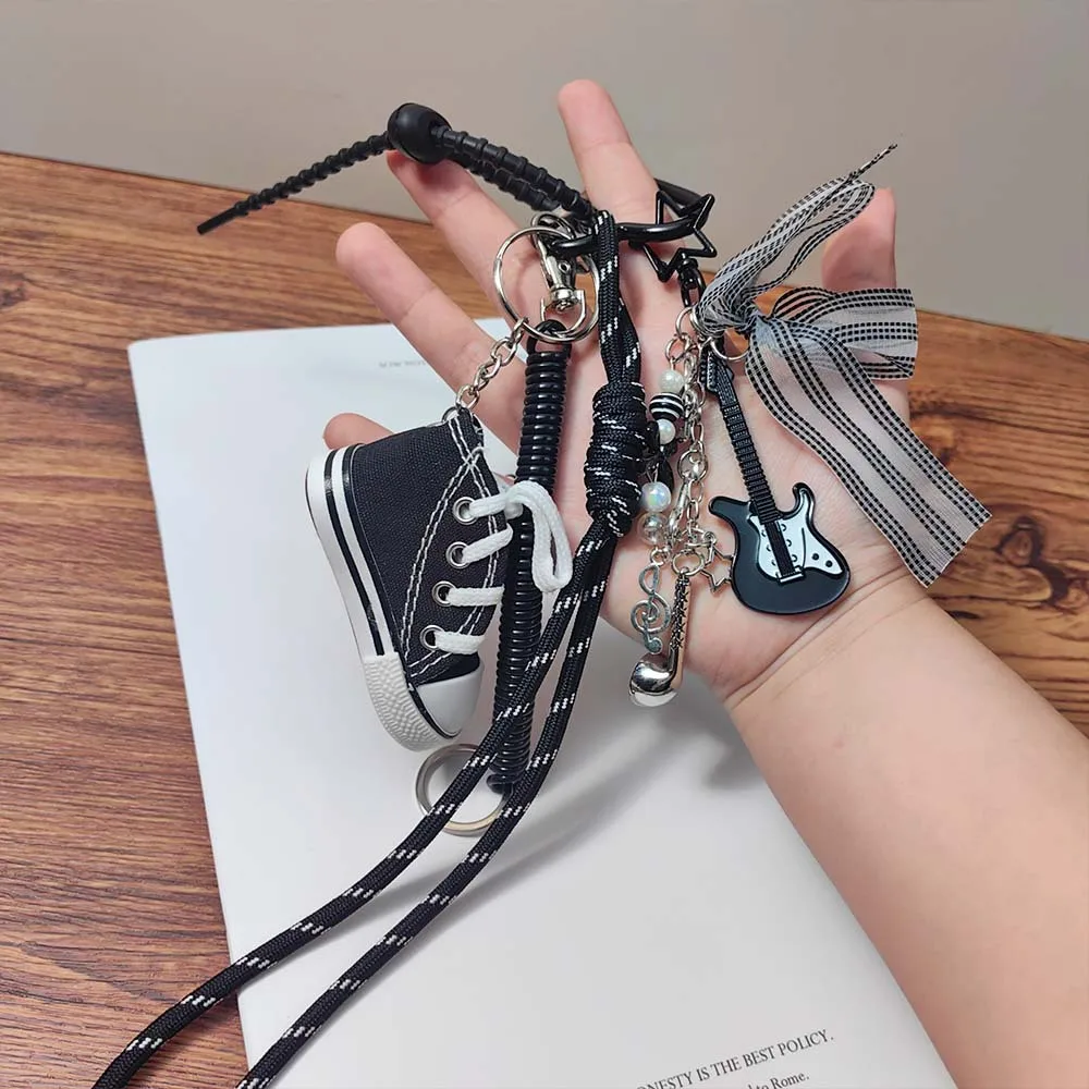 Trendy Street Style Mini Canvas Shoe Keychain with Guitar Microphone Charms Black White Woven Lanyard Key Ring Bag Car Accessory