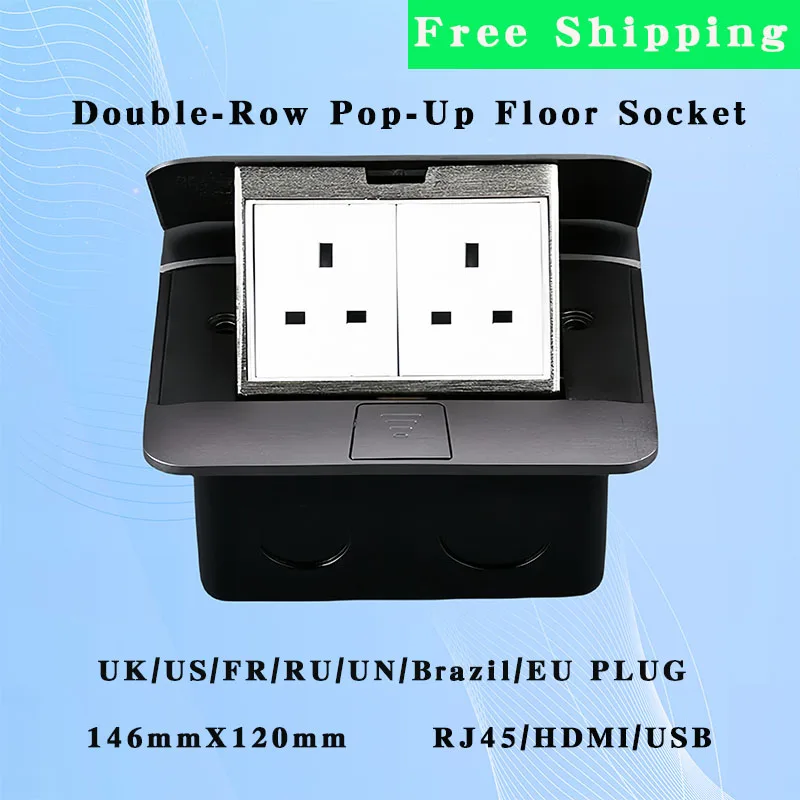 

146mmX120mm Double-Row Pop-Up Floor Socket UK/UN/EU/FR/Brazil/RU/US Plug RJ45/HDMI/USB Slow Hidden Ground Outlet Office Kitchen