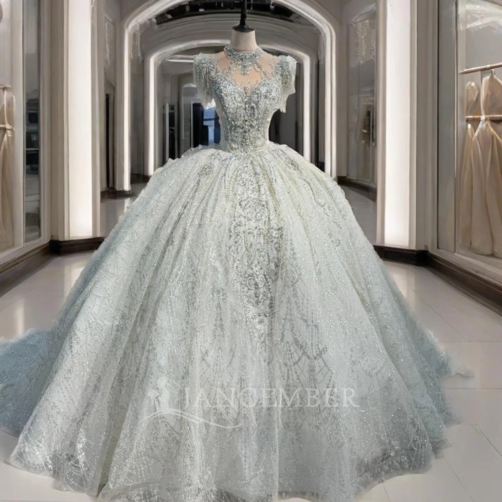 

Customized Stylish Surprise Price Wedding Gown For Bride Ball Gown Cap sleeve O-neck Chapel Train Beading Robe De Mariage