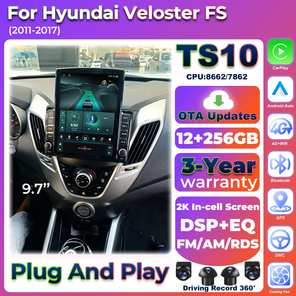 Android16 Auto Carplay para Hyundai Veloster FS 2011 2012 2013 - 2017 Reproductor Multimedia Radio para Auto BT 5G Wifi Video GPS Estéreo 2k 1