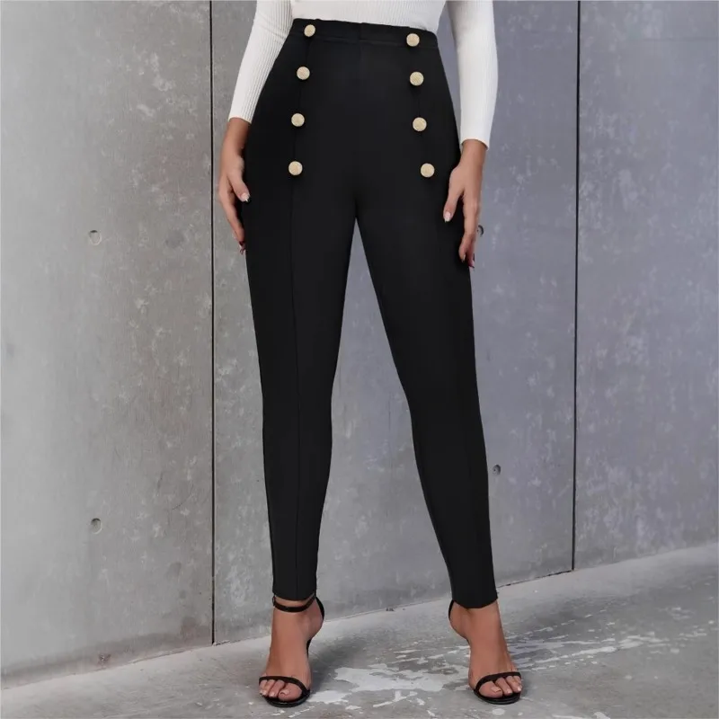 Black Casual Ladies Tight Pants Fashionable Double Breasted Buckle Decoration Elastic Waist Versatile Solid Color Pants New Item