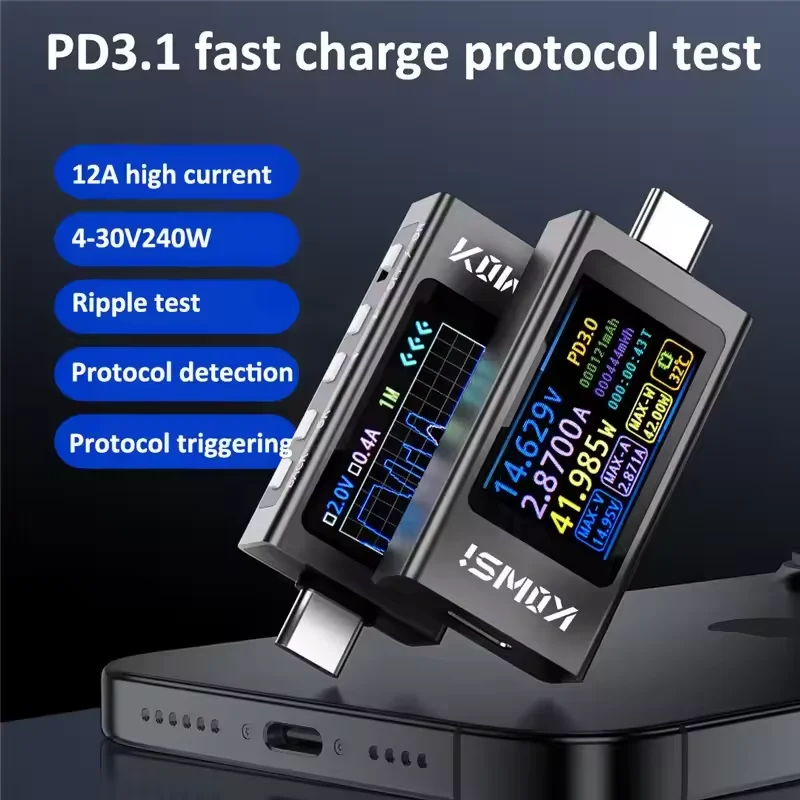 KWS-X1 4V-30V 12A Type C Tester Voltmeter Ammeter TYPE-C Fast Charge Detection Trigger Capacity Measurement Ripple Measurement