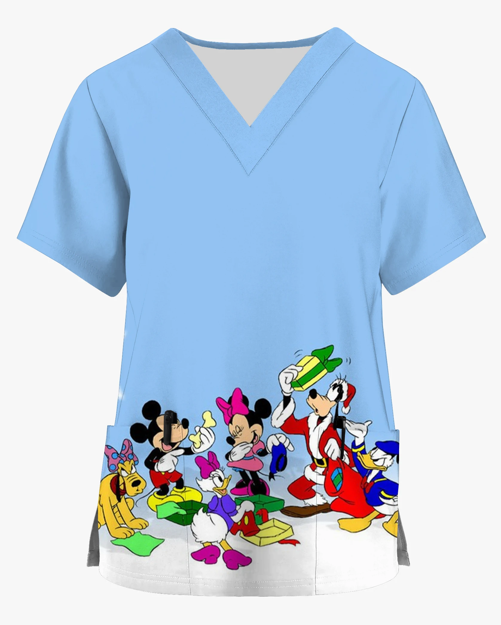 

Ophthalmology and Dental Work Clothes Christmas Disney Series Mickey and Minnie Printed Pocket Shirt Women's Short Sleeve V Neck