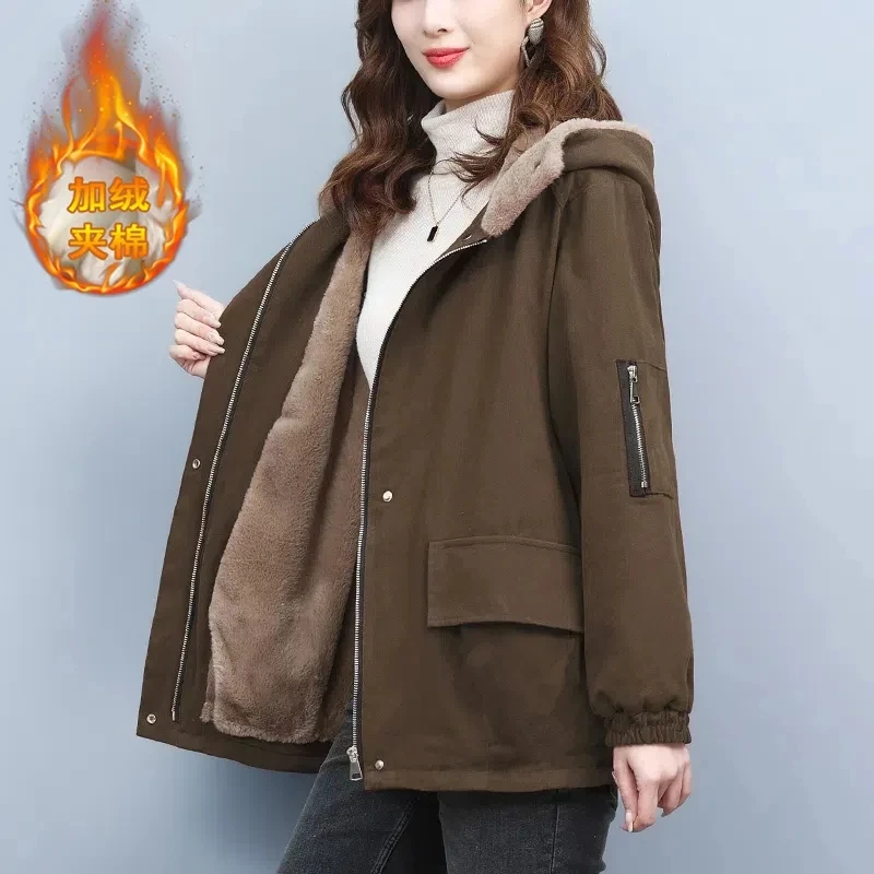2025 Autumn/Winter New Plush Thicken Parkas Women's Korean Edition Medium Long Hooded Cotton Jacket Female Loose Casual Overcoat