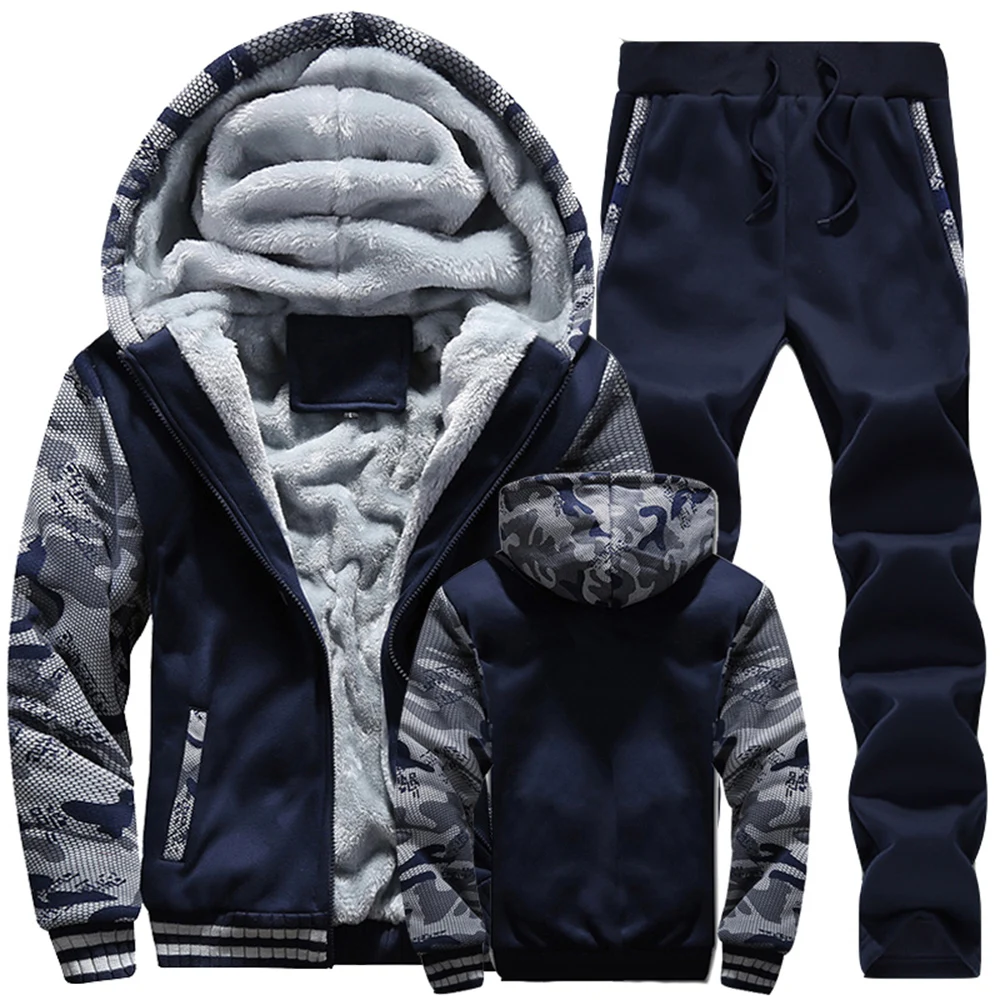 Winter Men Tracksuit Hooded Sportswear Zipper Jacket Fleece Trousers Men's Warm Solid Color Casual Men's Sports Suit