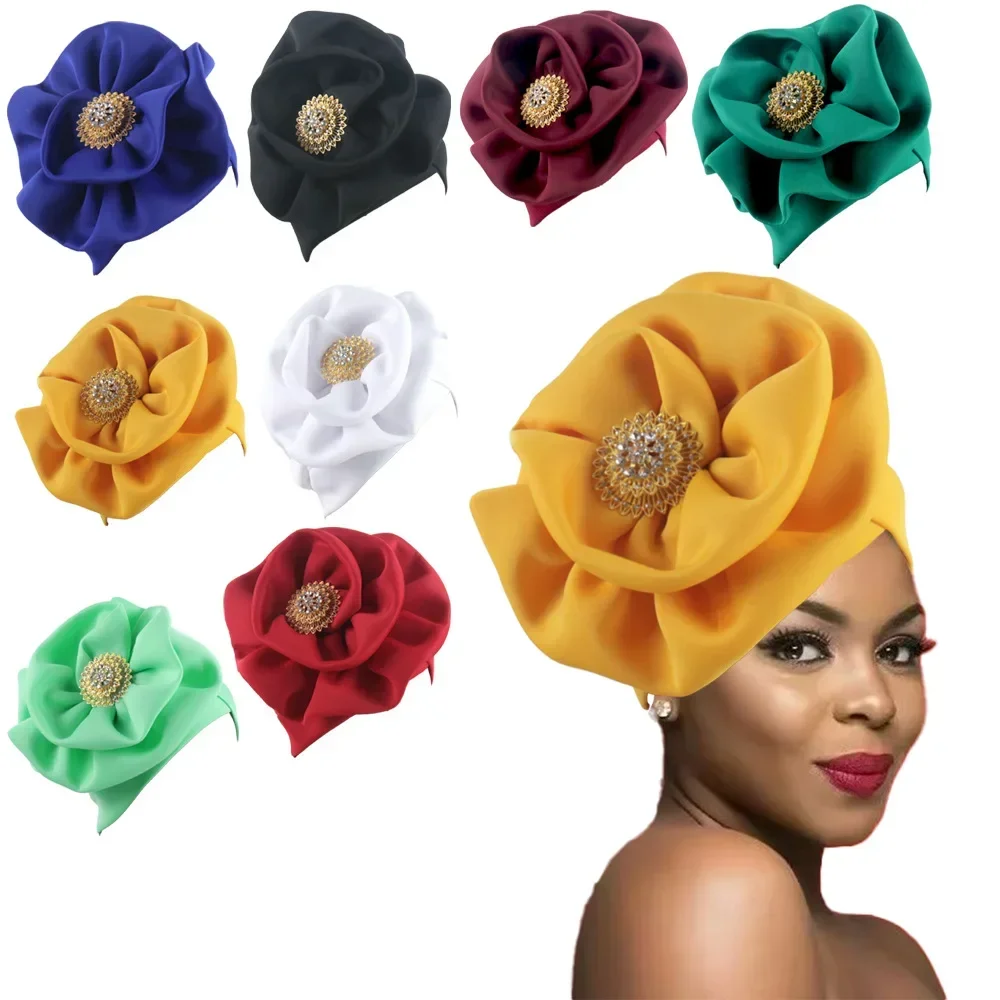 

Большой цветочный головной убор с бриллиантами для женщин: тюрбан, шапка, платок для свадьбы в Нигерии, мусульманский хиджаб, боннет, африканский авто-геле, головной убор, повязка на голову