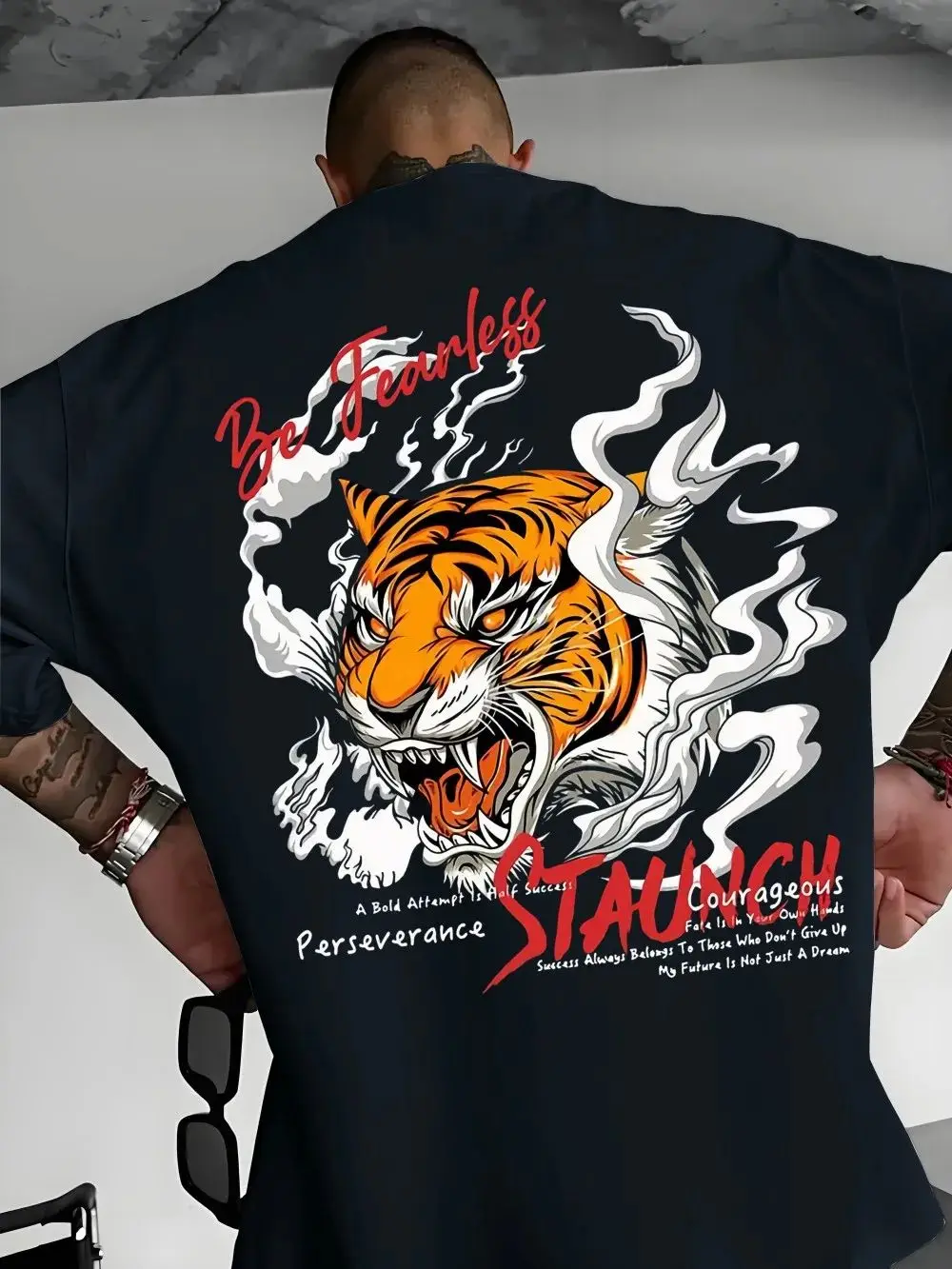 Vintage Fashion T-Shirt  Angry Tiger Pattern Micro Elastic Round Neck Print T-shirt Outdoor Street Tops Casual Loose Tees Unisex