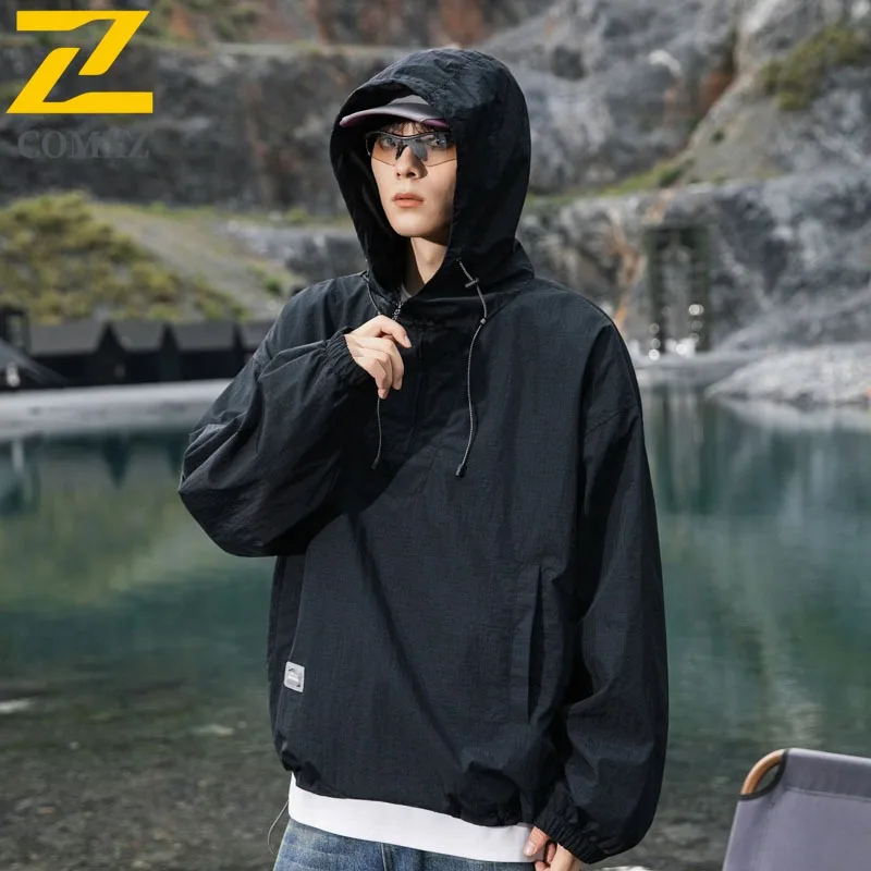 COMXZ 2025 Mens Jacket New Classics Outdoor Streetwear 3-in-1 Hooded Jacket Unisex Half-Zip Loose Autumn Pullover Windbreaker