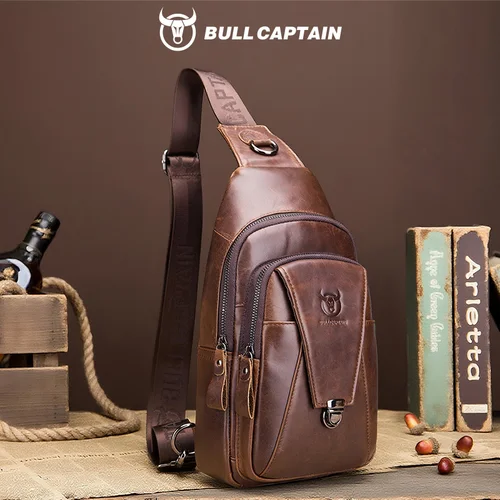 Imagen 1 del producto BULLCAPTAIN, mochila de pecho de cuero genuino, bolso de pecho, bolso de mensajero de moda para hombre, bolsas multifuncionales para tarjetas, bolsos para teléfono móvil