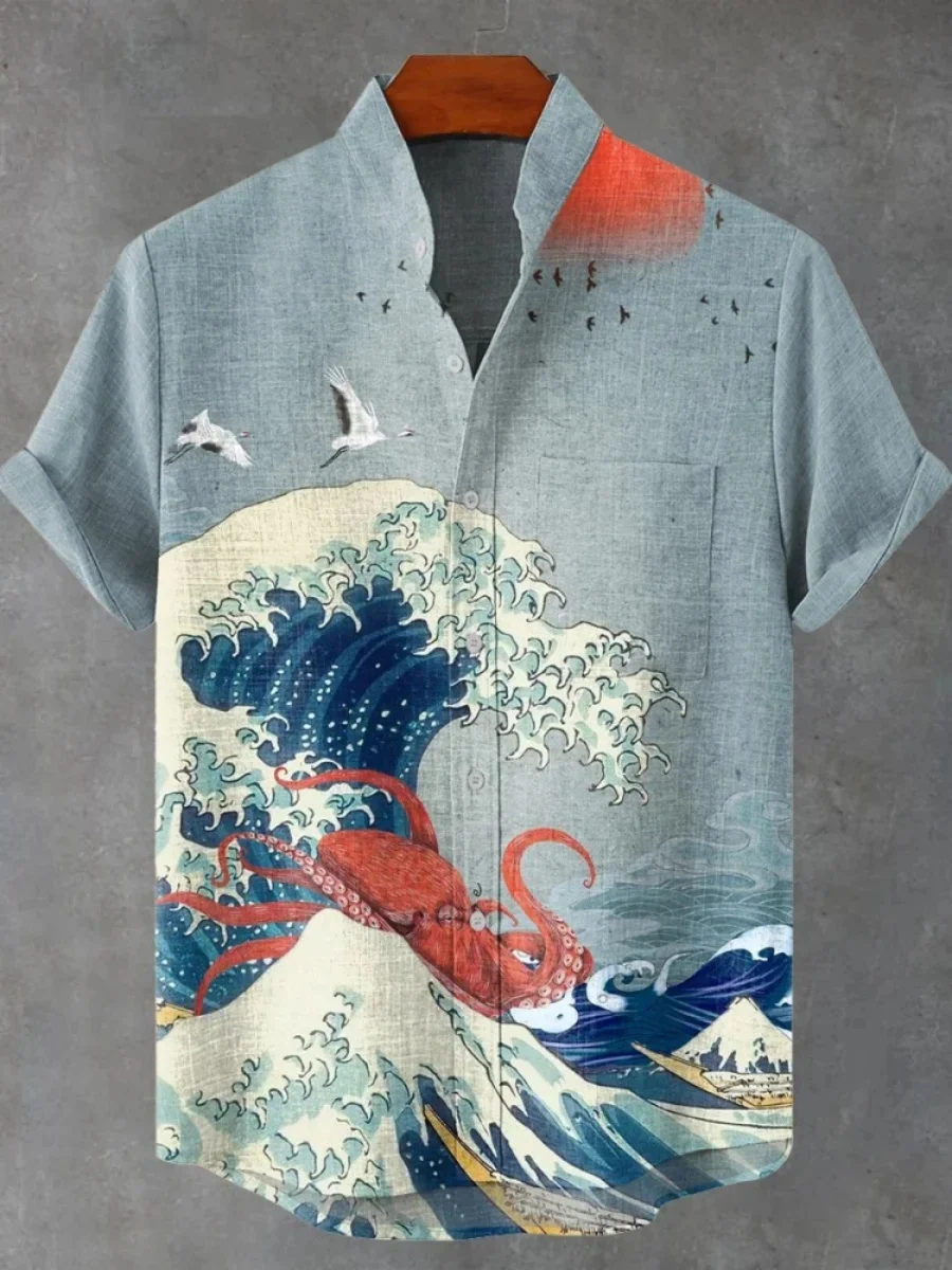 

Men's Summer Short Sleeve Shirt Digital Print Linen Shirt Ocean Wave Octopus Pattern Casual Everyday Top