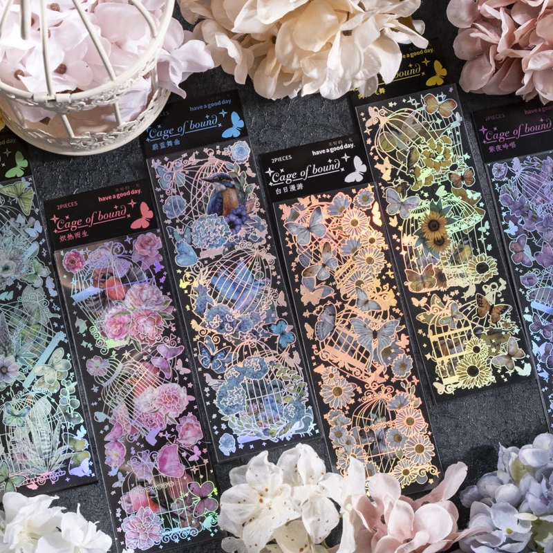 1pack/2Pcs Birdcage and Butterfly Themed Holographic Long Stickers DIY Handmade Album Scrapbooking Decorative Paper Supplies view 2
