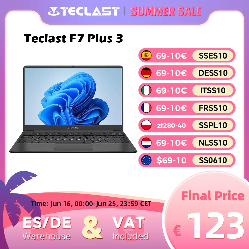 Ordinateur portable Teclast F7 Plus 3, 14,1 pouces, 8e génération. Cpu Gemini Lake Celeron, 8 Go de RAM, 256 Go de SSD, 1920 x 1080 Ips