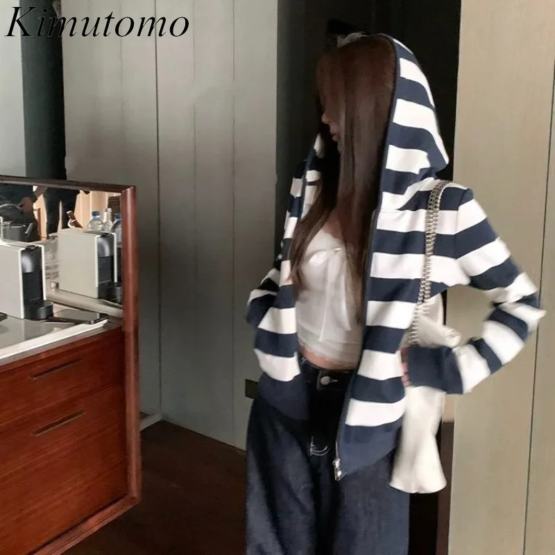 

Kimutomo Hoodies Women Striped Loose Outwear Fashion Spring Autumn Vintage Y2k Aesthetic Harajuku Jackets Ladies Sweatshirt