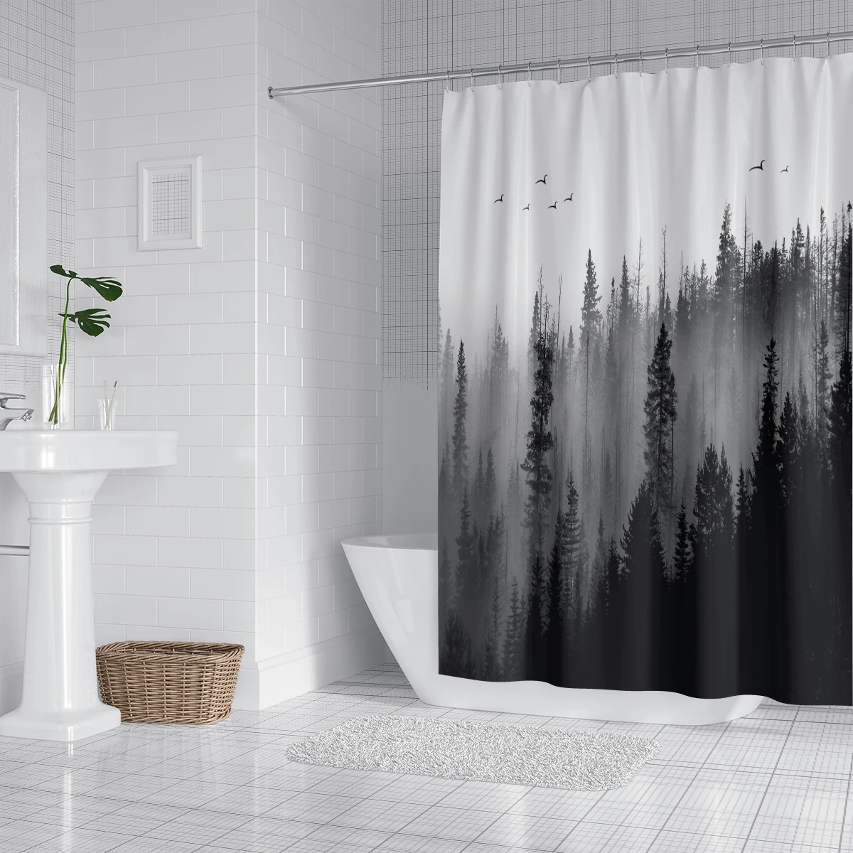 1PC180x180cm Misty Forest Landscape Shower Curtain with Hook, Partition Waterproof and Anti Mold Decorative Bathroom