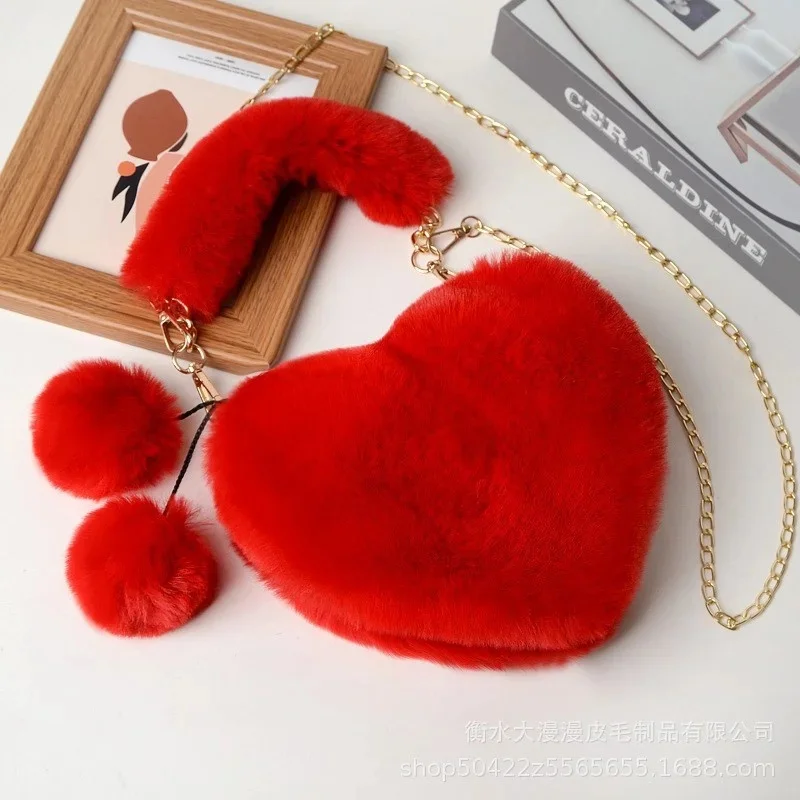 Imitation Otter Rabbit Plush Heart shaped Women's Handbag Plush Love Handheld Chain Autumn/Winter Peach Heart Bag