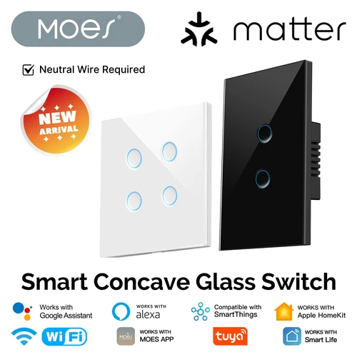 MOES Matter Tuya WiFi Panel de luz de vidrio cóncavo inteligente interruptor de cable neutro requerido Compatible con Alexa Google Home SmartThings
