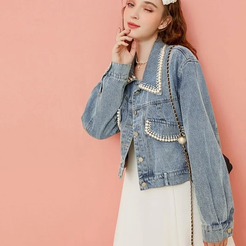 Women's Denim Short Coat with Pearls Buttons,Lapel Loose Jacket,Korean Fashion,Casual Street Outwear, Light Blue, Lovely, Autumn