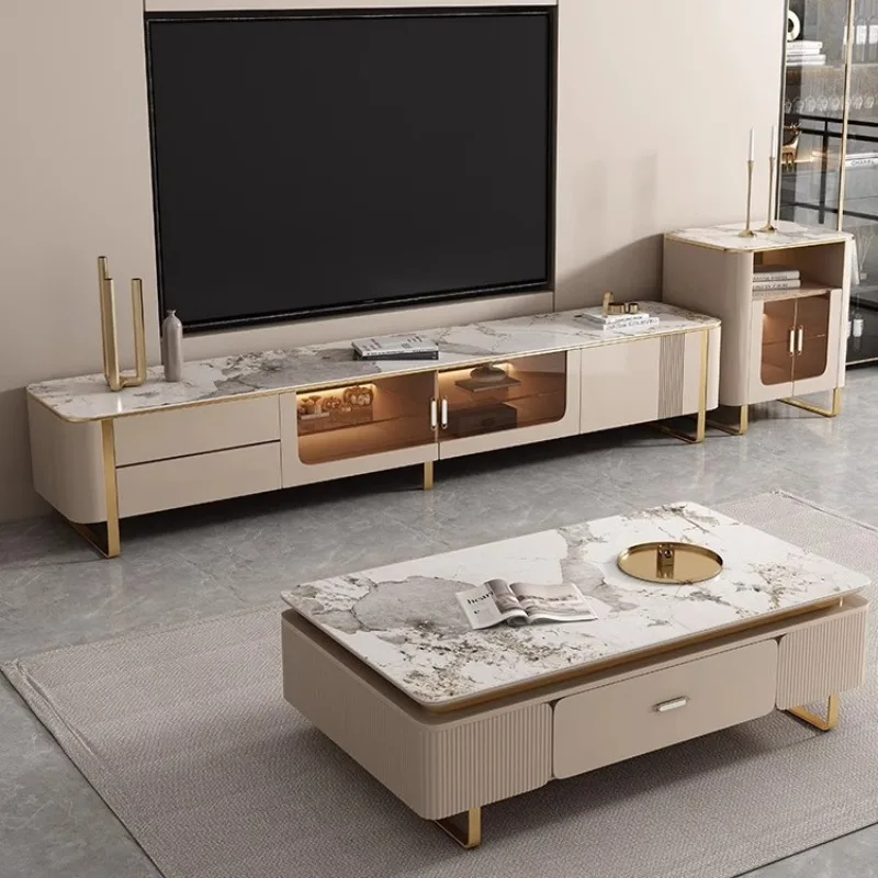 شقة صغيرة فاخرة وحديثة الراقية طلاء الشمبانيا خزانة أرضية غرفة المعيشة بلاطة الصخور طاولة القهوة مجموعة خزانة التلفزيون