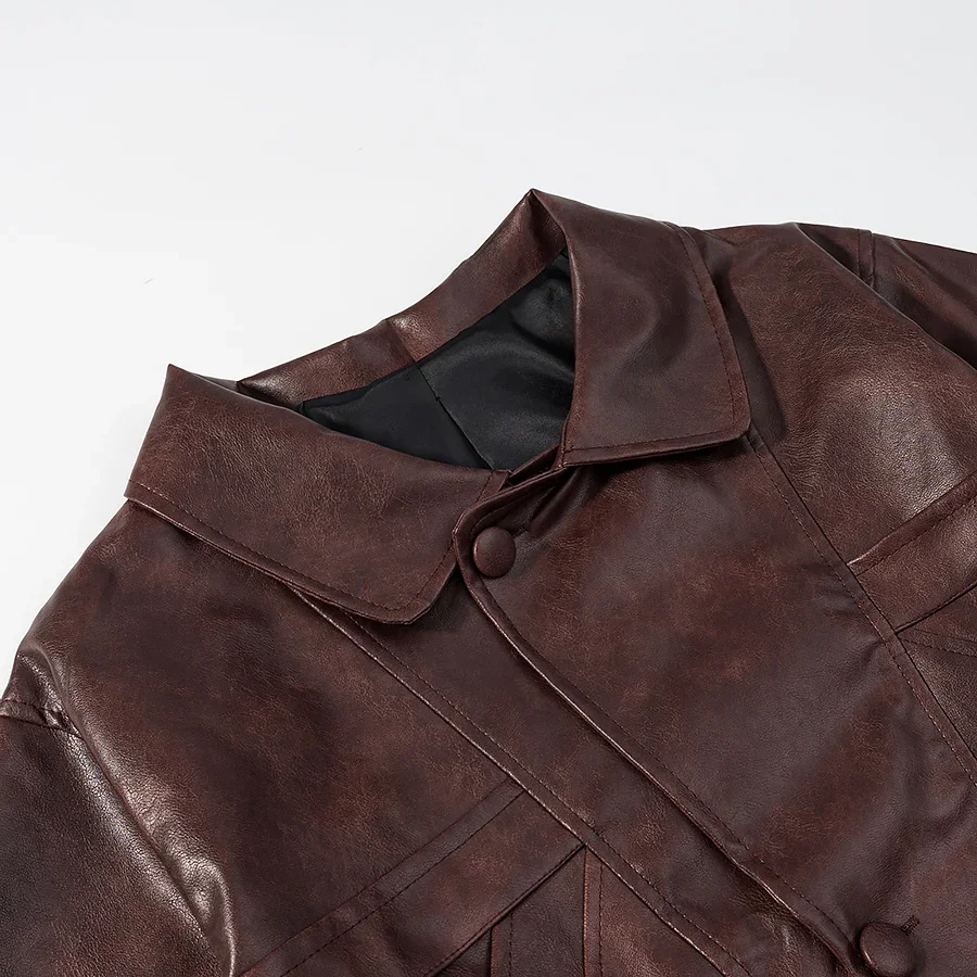 2025 Autumn American Retro Women Washing Brown PU Leather Jacket Lapel 3 Buttons Full Sleeve Coat Loose Short Outerwear