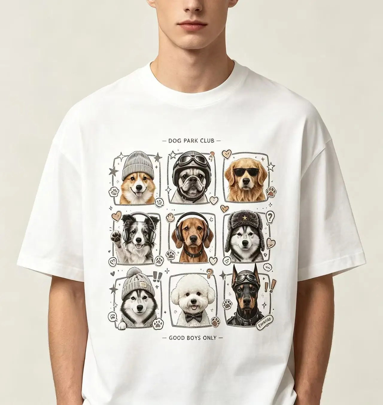 Unisex Dog Park Club Good Boys Only Multi Breed Dogs Grid Cartoon Graphic T Shirt Men Women Cute Puppy Print Oversized Aesthetic Tee