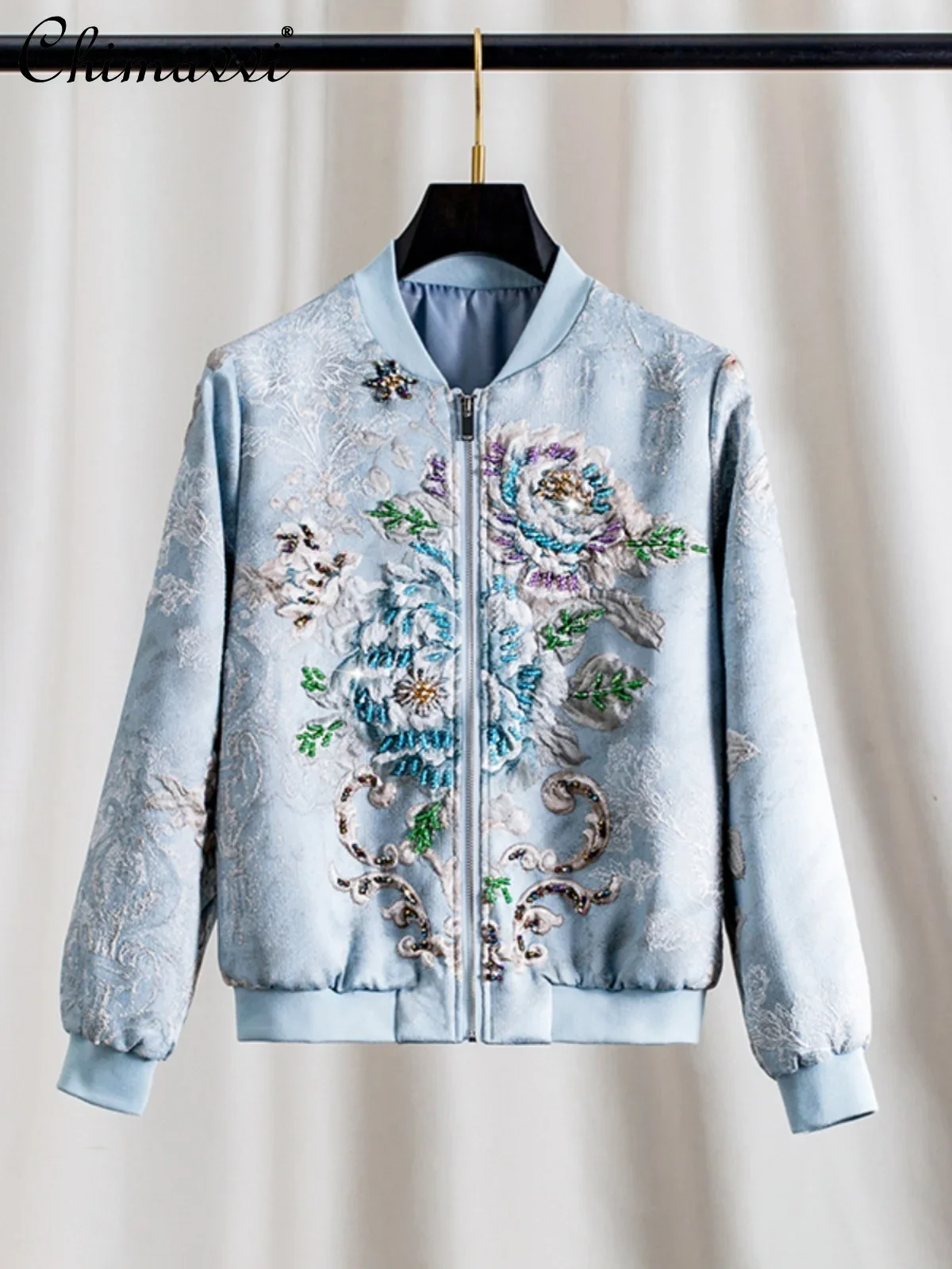 

Chinese Style Heavy Industry Embroidery Bead Jacquard Loose Casual Baseball Uniform Blue Long Sleeve Short Jackets Women Autumn