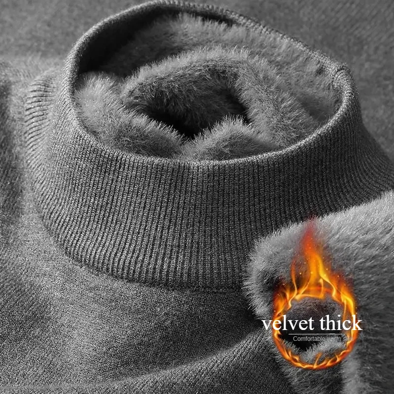 Winter Warm Knitted Sweater Plush Men\'s Turtleneck with Velvet Padded Warm Solid Pullovers Thick Bottom Casual O-Neck Sweater