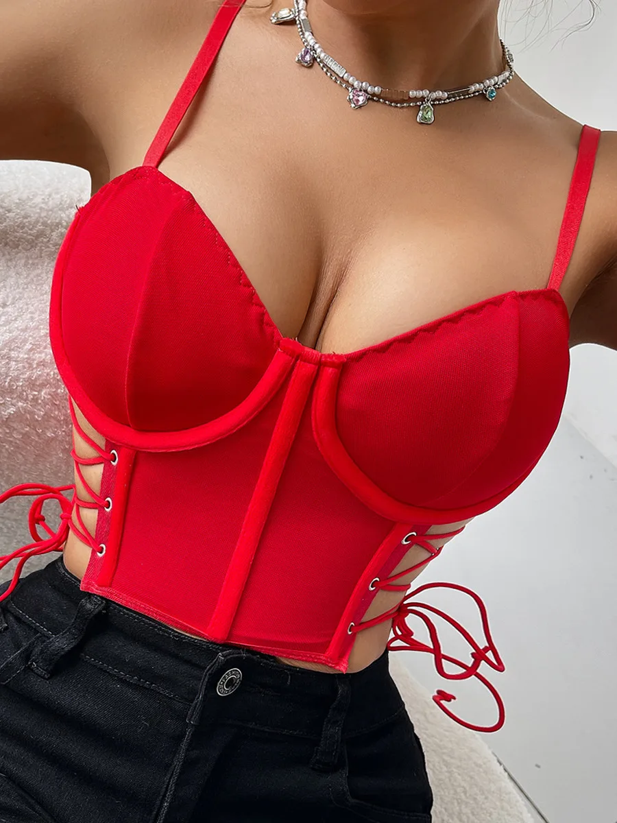 Pure Color Hollowed out Cross Laced Crop Top Women's Street Sle Slim Fit Vest Open Belly Design ort Length Summer Faion