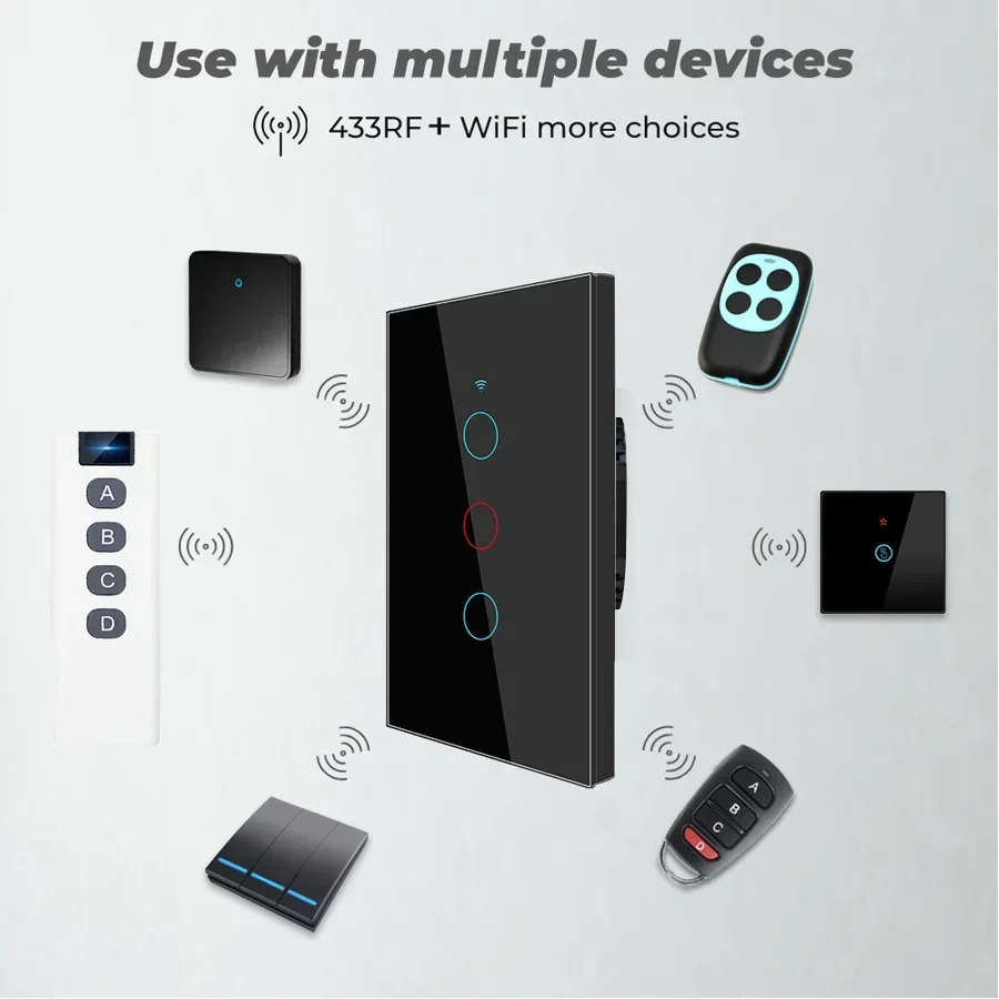 Tuya WiFi Smart Wall Switch US 1/2/3 Gang Touch Sensor Light Switch No Neutral Wire Required Smart Home Alexa Google Home