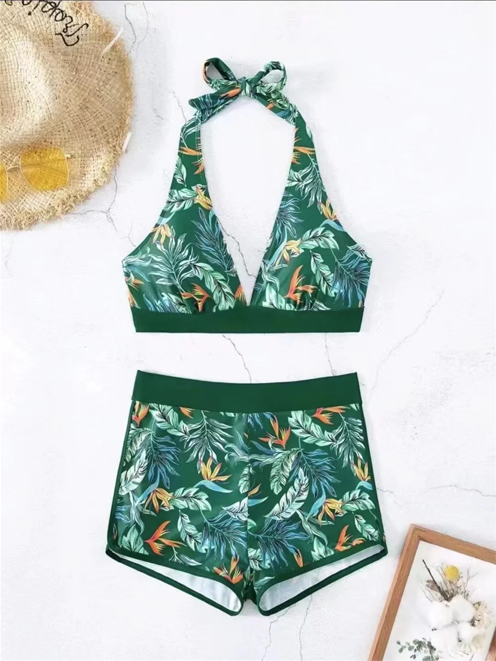Beach Print Bikini HighWaist Shorts Set Backless Halter Bandage Push Up Swimsuit Swimwear Women Bath Suits Maillot De Bain Femme