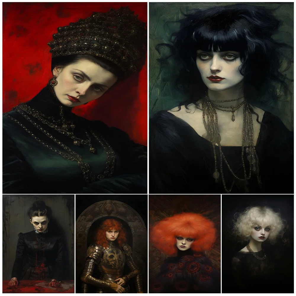 Blood Queen Vampire Countess Portrain Wall Art Canvas Painting Weird Goth Girl Portrain Art Poster Print For Living Room Decor