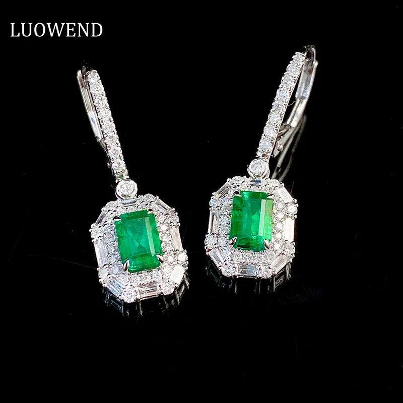 

LUOWEND 18K White Gold Earrings Elegant Style Real Natural Emerald Luxury Diamond Gemstone Earrings for Women High Party Jewelry