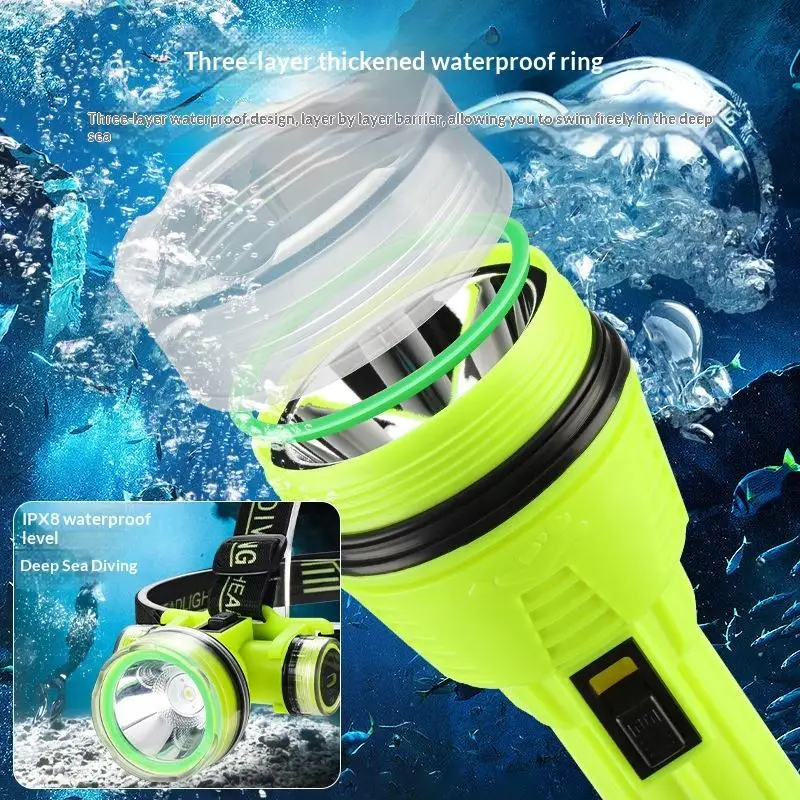 Bright Underwater Flashlight Headlamp Waterproof Diving Torch 200 Meters Night Dive Lighting Torch With Anti-slip Rope