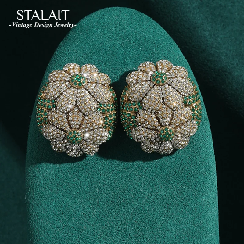 

Vintage Rhinestones Sunflower Flower Earrings Stud For Woman Daily Wear Petals Green Oval Antique Jewelry Accessories Trend 2025
