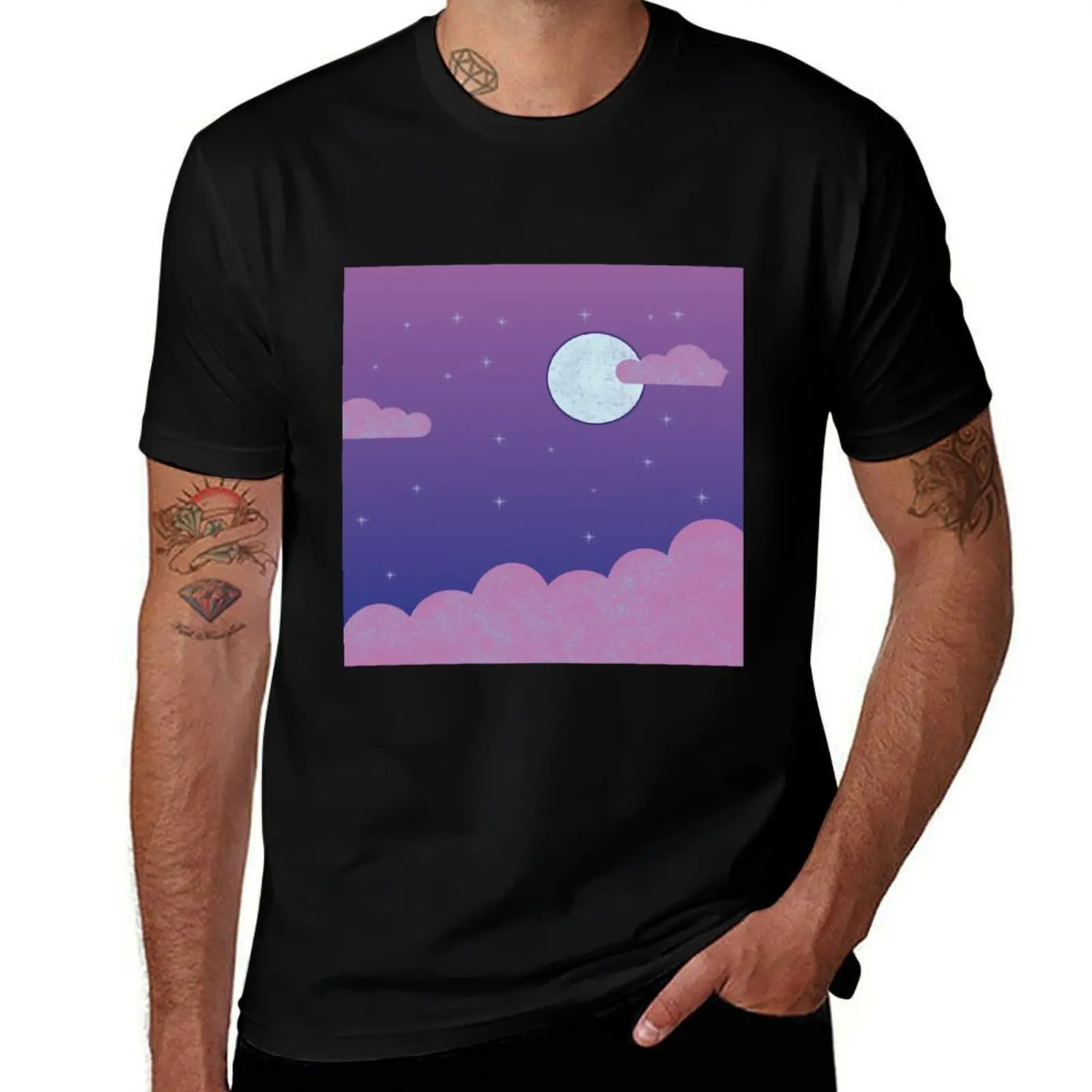 

Pink Clouds with Bright Shiny Moon and Stars T-Shirt basketball graphic tees Anime t-shirt quick drying mens workout shirts