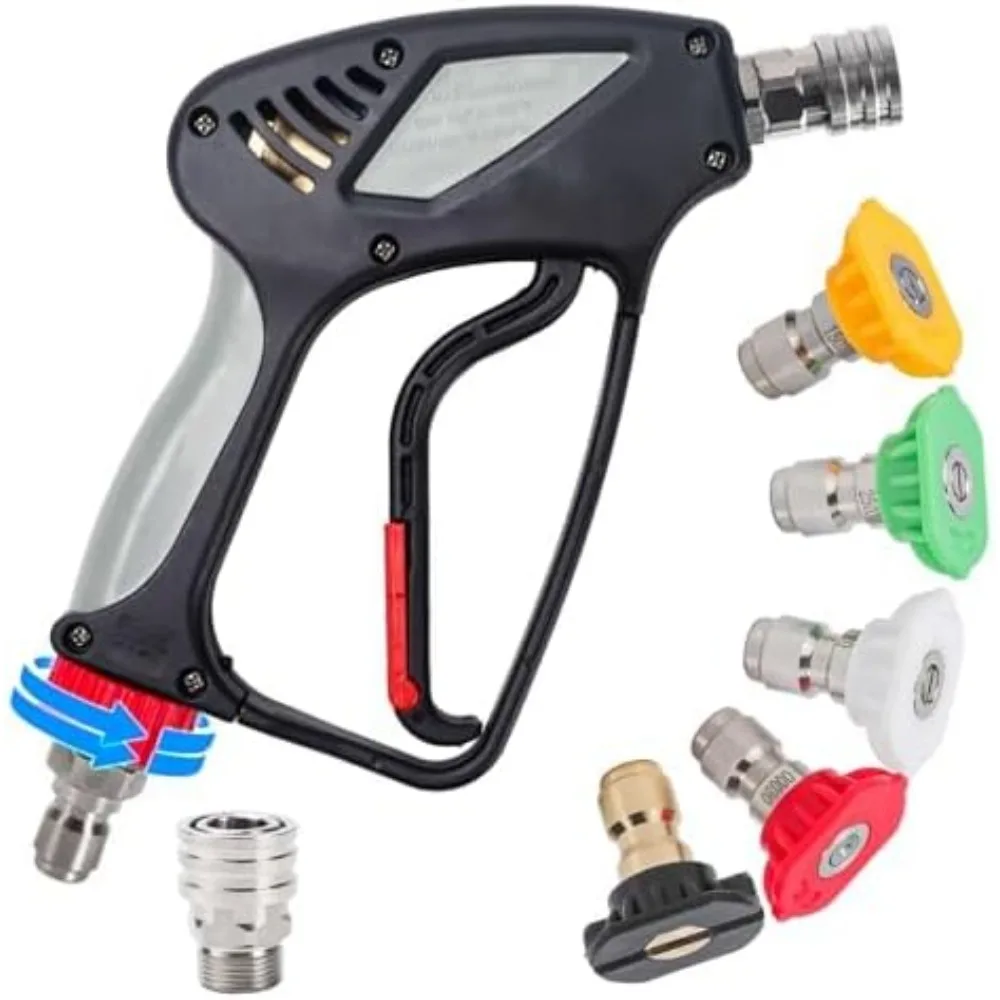 

Короткий пистолет для мойки высокого давления, мощный пистолет-распылитель 5000 фунтов на квадратный дюйм/10,5 галлонов в минуту с 5 насадками, поворотным механизмом 3/8 дюйма и M22-14 мм