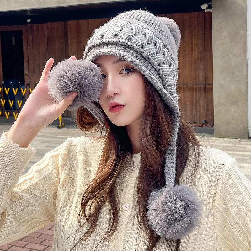 Women Winter Peruvian Cover Ears Beanie Hat Ear Flaps Sherpa Ski Snow Caps Knit 3 Pom Pom  Outdoor Cold Weather