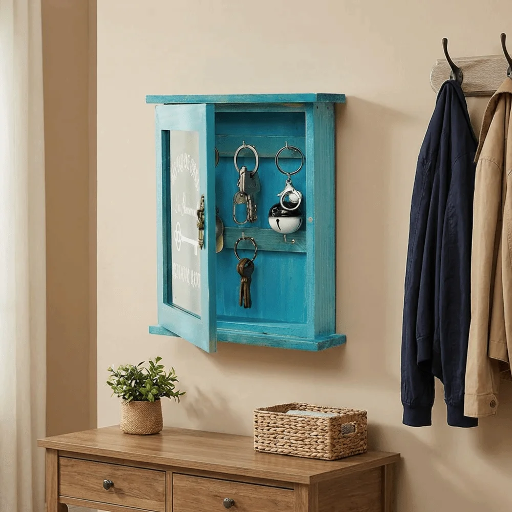 

Entryway Organizer Vintage Cabinet Key Rack Wooden Rustic Wall-Mounted Key Holder Decorative Key Storage Box Living Room