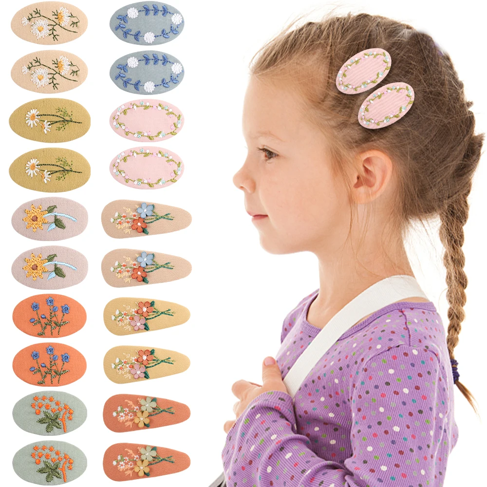 Fabric Embroidery Hair Clips Sweet Flower Hairpins for Girls Waterdrop Shape Kids Barrettes Children Vintage Hair Accessories